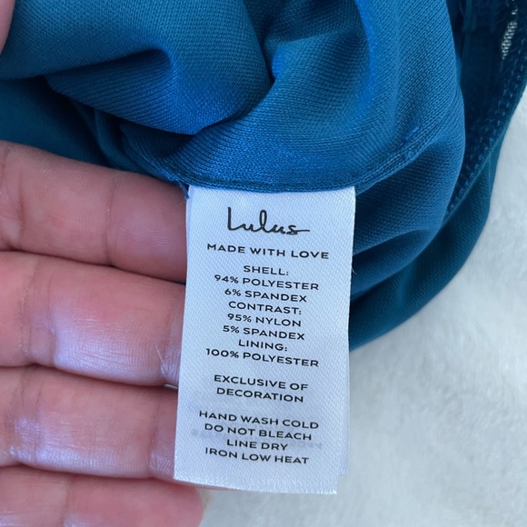 Lulu's Teal Velvet Bodysuit with Feather Accents - Picture 7 of 9